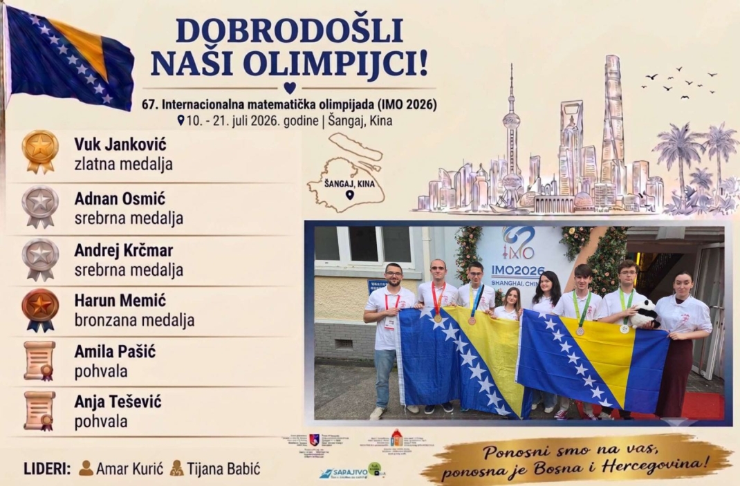 Učenici Druge gimnazije Sarajevo zablistali na Matematičkoj olimpijadi u Šangaju